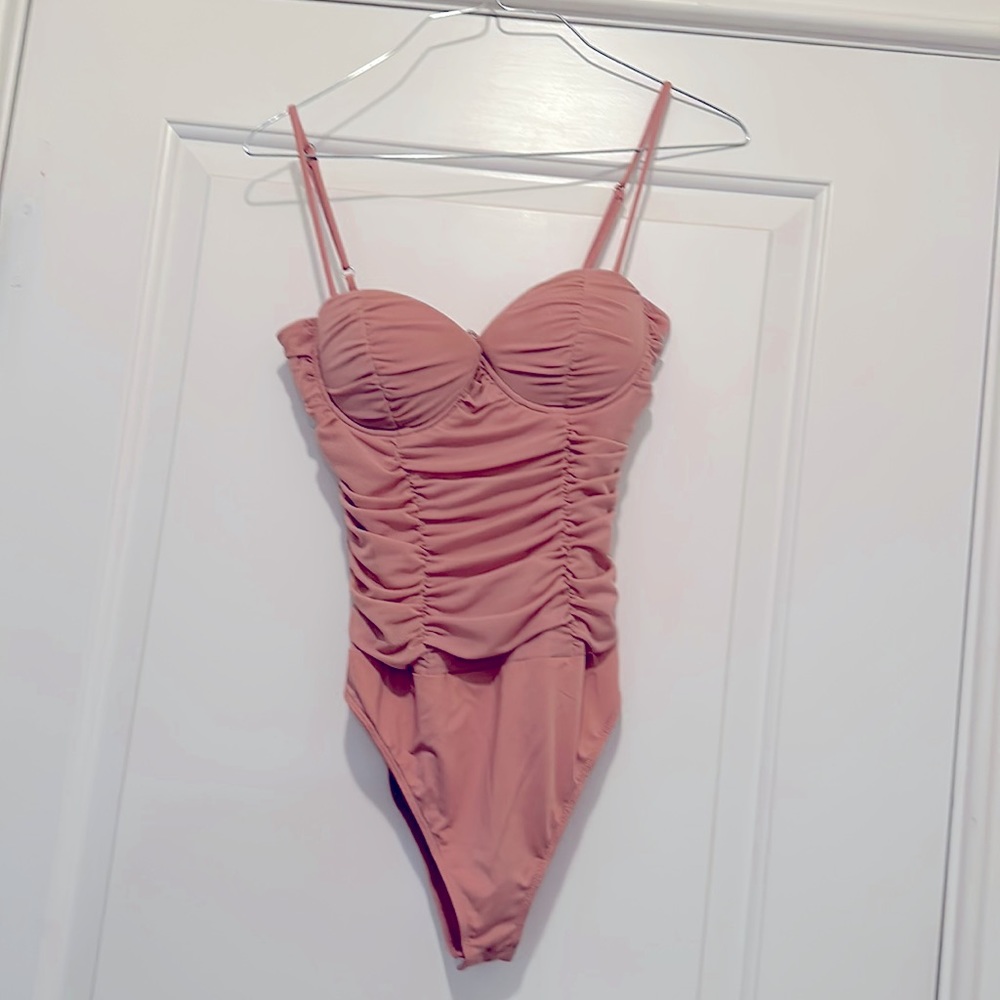 Lulus Caught My Attention Dusty Pink Ruched Bustier Bodysuit XS NWT